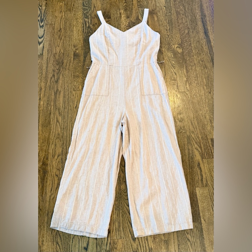 The Limited Linen Blend Striped Jumpsuit Size 8 Tan Neutral Striped Wide Leg